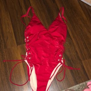 Red lace up bikini